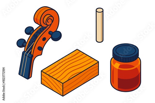 Violin Crafting Icons. Isometric vector illustration set Violin Crafting Essentials: Hand-carved scroll head, internal sound post