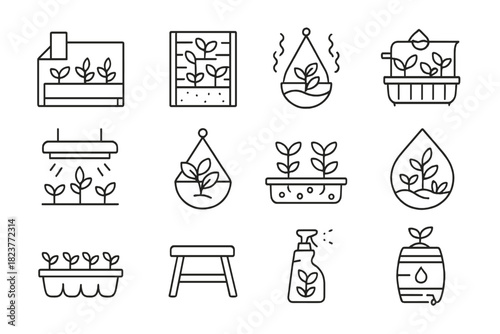 Urban Gardening Icons. Line style icons of Urban Gardening: Rooftop Planter, Vertical Garden, Compost Bin, Balcony Herbs; Indoor