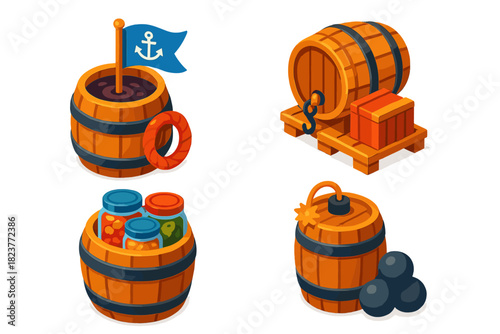 Historic Barrel Icons. Isometric vector illustration set Historic Barrel Uses: Sailor’s rum barrel, merchant shipping cask,