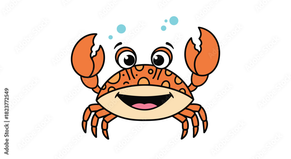 Naklejka premium A cheerful cartoon crab with large claws and a big smile is depicted with bubbles floating above its head, creating a playful and inviting illustration.