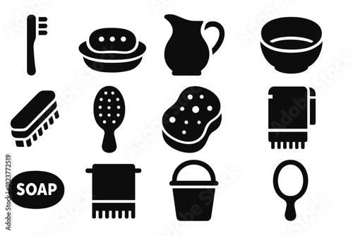 Classic Hygiene Icons. Solid style icons of Classic Hygiene Tools: Toothbrush, Soap Dish, Water Pitcher, Wash Basin, Nail Brush,