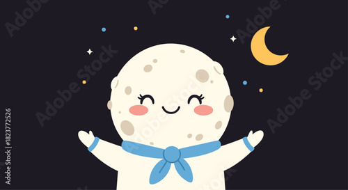 A cheerful cartoon moon character with closed eyes and rosy cheeks embraces the night sky with a crescent moon and twinkling stars around it.