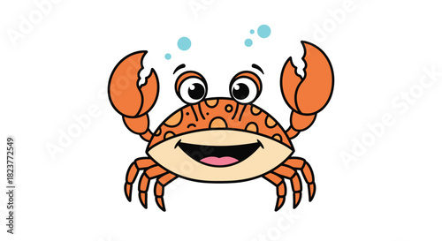 A cheerful cartoon crab with large claws and a big smile is depicted with bubbles floating above its head, creating a playful and inviting illustration.