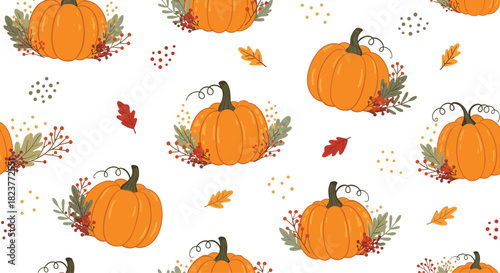 Seamless autumn pattern featuring vibrant orange pumpkins adorned with fall foliage and berries on a clean white background, perfect for seasonal designs.