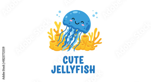 A cheerful blue jellyfish swims among vibrant yellow coral, creating a whimsical underwater scene perfect for children's illustrations or ocean themed designs.