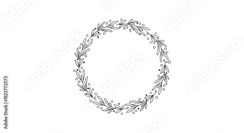 Delicate floral wreath illustration featuring hand-drawn leaves and small berries encircling an empty space, perfect for design elements or invitations.