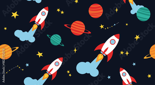 Colorful cartoon illustration of rockets, planets, and stars against a dark blue space background, perfect for children's themes and space exploration concepts.