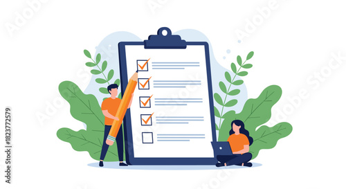 Teamwork and task management concept with a man checking off items on a clipboard while a woman works on a laptop, illustrating project completion.