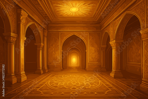 Lavish Gold Ambiance. Luxurious golden interior with intricate patterns and glowing ambient lighting, vector illustration elegant