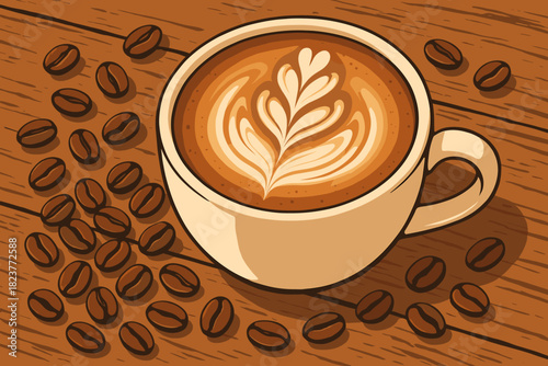 Cappuccino Latte Art. Freshly brewed cappuccino with latte art resting on a rustic wooden table, surrounded by coffee beans,