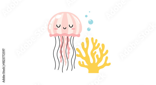 A charming illustration of a pink jellyfish swimming peacefully near a vibrant yellow coral reef, with gentle bubbles floating upwards.