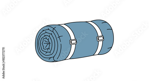 A neatly rolled blue blanket secured with two white straps, ideal for camping, travel, or storage, presented in a simple cartoon illustration.