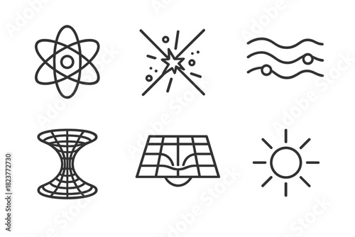 Astrophysics Icon Set. Line style icons of Astrophysics: atom, particle collision, gravitational wave, wormhole, spacetime grid,