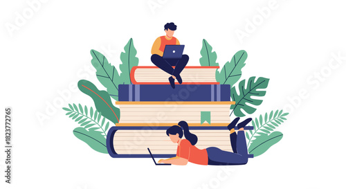 Students studying and using laptops on a stack of books surrounded by lush green foliage, representing education and learning concepts.