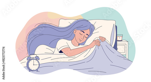 A peaceful woman sleeps soundly in her bed, covered with a cozy blanket, with an alarm clock nearby, suggesting a restful night and healthy sleep habits.