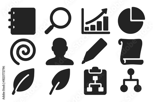 Food Research Icons. Solid style icons of research and data collection in food studies: notebook, magnifying glass, graph, chart,
