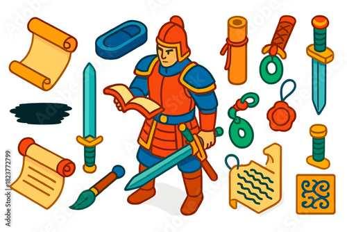 Warrior Scholar Icons. Isometric vector illustration set Sword & Scroll: warrior scholar, rolled parchment scroll, ink brush