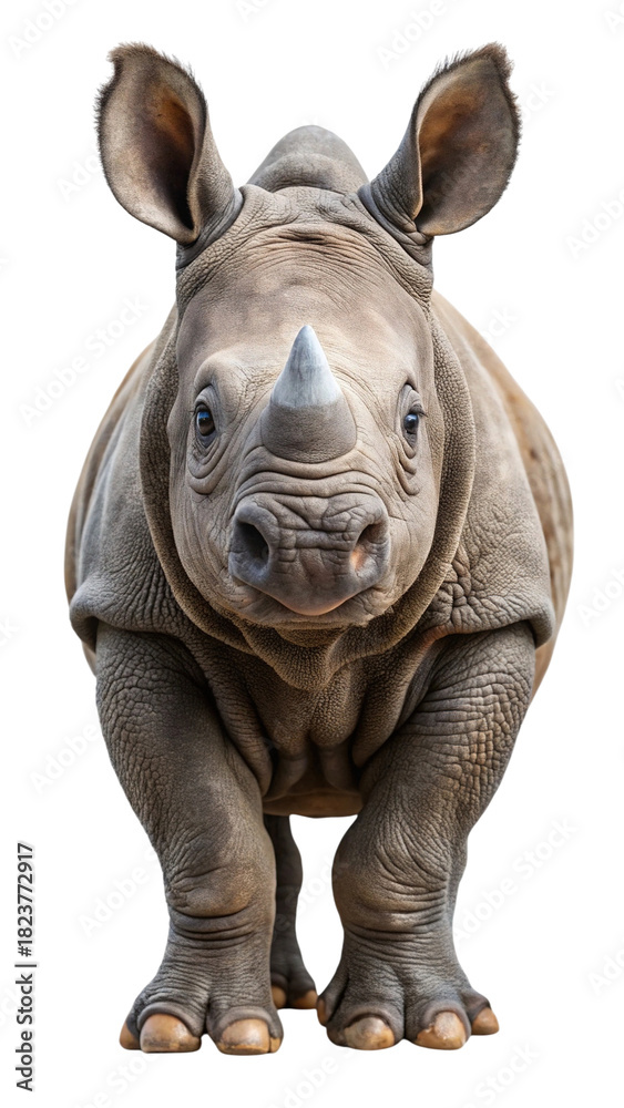 Fototapeta premium Cute baby white rhino calf close up looking straight ahead