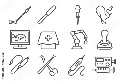 Minimally Invasive Surgery Icons. Line style icons of minimally invasive surgery: laparoscope, incision tool, trocar, suture;