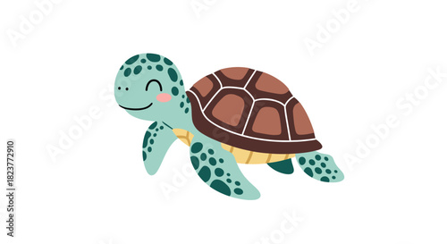 Charming cartoon illustration of a smiling sea turtle swimming gracefully, showcasing a detailed shell and playful expression, perfect for children's designs.