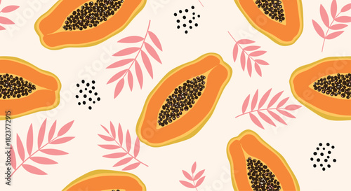 Seamless tropical pattern featuring vibrant papaya slices, delicate pink leaves, and scattered black dots on a creamy background, perfect for summer designs.
