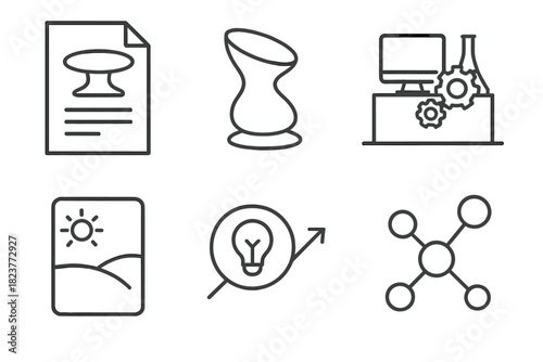 Futuristic Design Icons. Line style icons of Futuristic Design Thinking: concept prototype sketch, speculative object, innovation