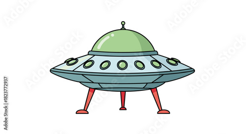 Cartoon illustration of a classic flying saucer spaceship with landing gear, featuring a rounded green dome and metallic blue body, isolated on a white background.