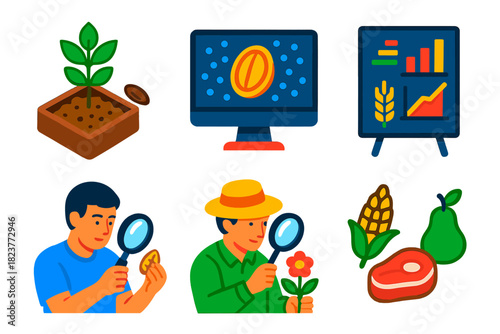 Archaeobotany Analysis Icons. Isometric vector illustration set Archaeobotany analysis: plant remains from ancient sites, seeds,