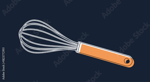 A detailed illustration of a stainless steel whisk with an orange handle against a dark blue background, perfect for culinary arts and kitchen imagery.