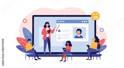 Diverse group participating in a virtual meeting or online webinar, with a presenter and attendees using digital devices for remote collaboration and learning.