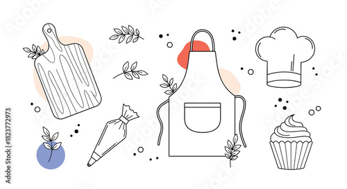 Charming line art illustration featuring baking tools and decorative elements, including an apron, cutting board, piping bag, and cupcake, perfect for culinary themes.