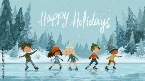 Joyful Children Ice Skating in a Winter Wonderland Scene