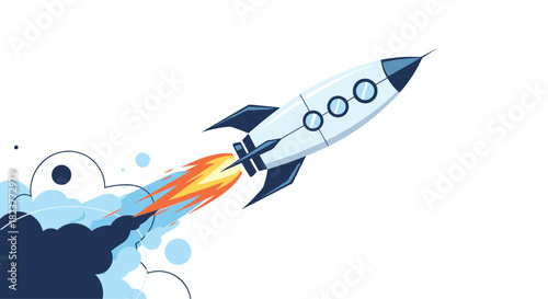 A stylized illustration of a rocket ship launching into the sky with bright orange flames and billowing smoke trails, representing space exploration and innovation.