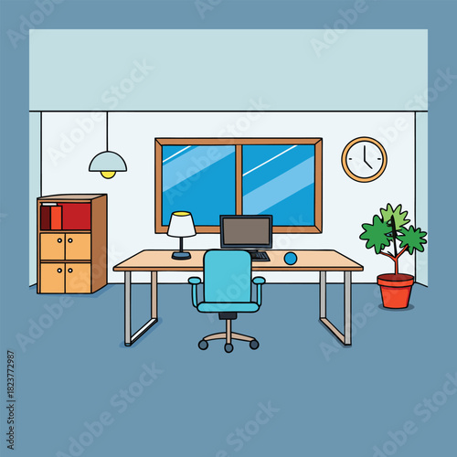 A modern office interior featuring a sleek designer desktop, clean lines, soft lighting, and organized workspace elements that inspire creativity, focus, and productivity.
