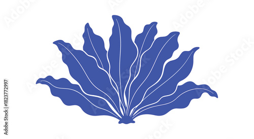 Stylized blue illustration of a plant with wavy leaves radiating from a central point, resembling a floral or aquatic design element.