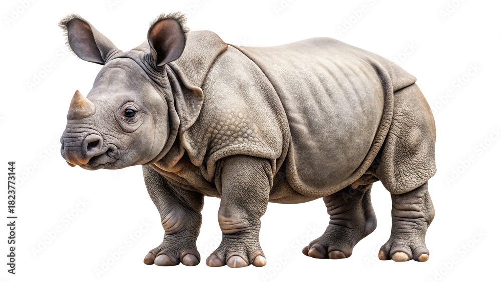 Fototapeta premium Baby rhinoceros calf standing, a young rhino on clean backdrop