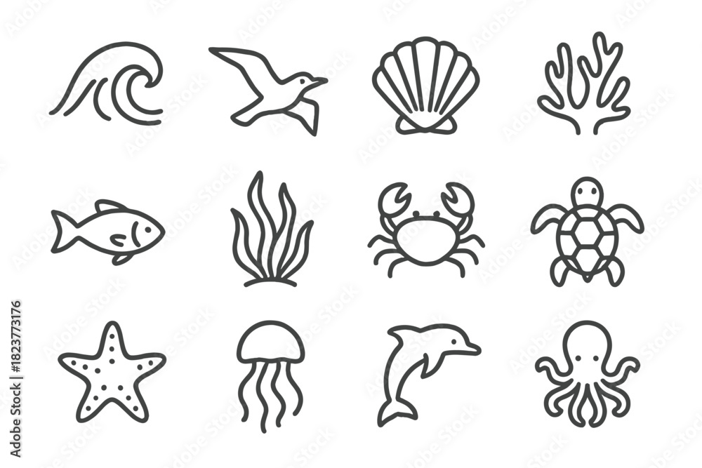 Fototapeta premium Ocean Elements Icons. Line style icons of ocean elements: cresting wave, seagull, shell, coral; fish, seaweed, crab, turtle;