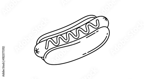 A simple black and white doodle illustration of a hot dog with mustard, perfect for casual designs and food-related graphics.
