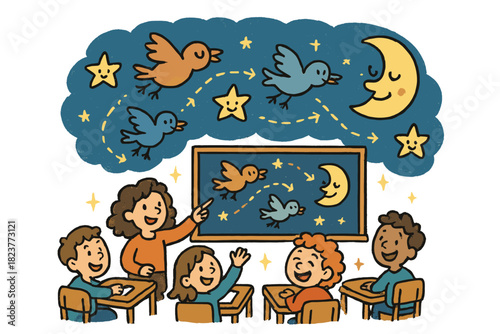 Whimsical Night Migration. Whimsical doodle nocturnal migration classroom with cheerful students, cartoon birds floating, smiling