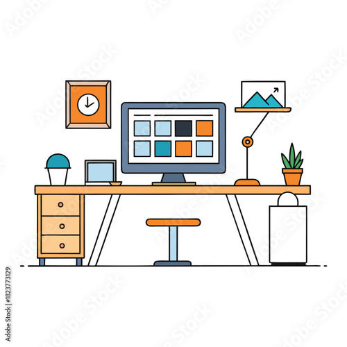 A modern office interior featuring a sleek designer desktop, clean lines, soft lighting, and organized workspace elements that inspire creativity, focus, and productivity.
