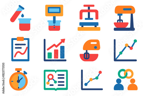 Non-Newtonian Fluid Icons. Flat vector icons of experimental workflow in non-Newtonian fluid research: sample preparation, lab