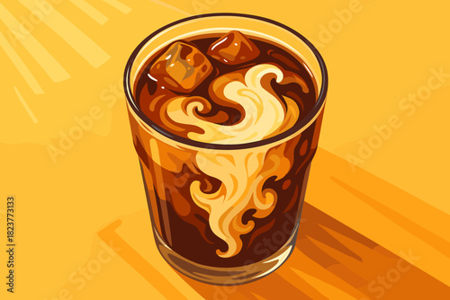 Iced Coffee Delight. Flat lay of freshly made vector illustration iced coffee with milk swirling in the glass, vibrant lighting,