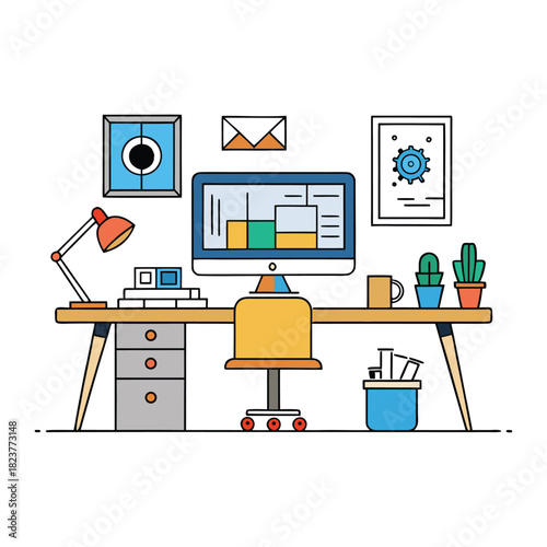 A modern office interior featuring a sleek designer desktop, clean lines, soft lighting, and organized workspace elements that inspire creativity, focus, and productivity.
