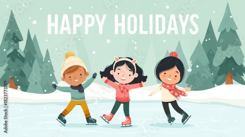 Cheerful Children Ice Skating in Winter Wonderland for Holidays