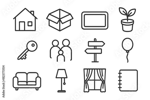 New Home Essentials. Line style icons of New Beginnings: Empty House, Moving Box, Welcome Mat, Garden Plant; Key, Family