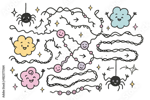 Magical Molecular Cartoon. Magical doodle molecular silk modeling with cheerful proteins, cartoon bonds and chains waving, smiling