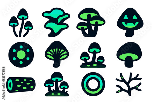 Bioluminescent Fungi Icons. Flat vector icons of glowing fungi: mycena mushroom, ghost fungus, honey mushroom, jack-o-lantern