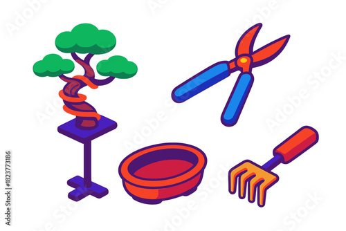 Bonsai Tools & Care. Isometric vector illustration set Bonsai Tools & Care: Wiring branch on stand, sharp pruning shears, shallow