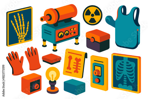 Vintage Radiology Icons. Isometric vector illustration set Vintage Radiology: X-ray glass film, bone hand image, early diagnostic