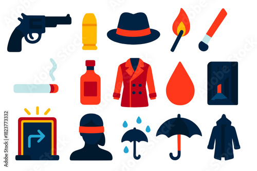 Noir Icon Set. Flat vector icons of Noir Symbols: revolver, bullet casing, fedora hat, burning match, cigarette ember, whiskey